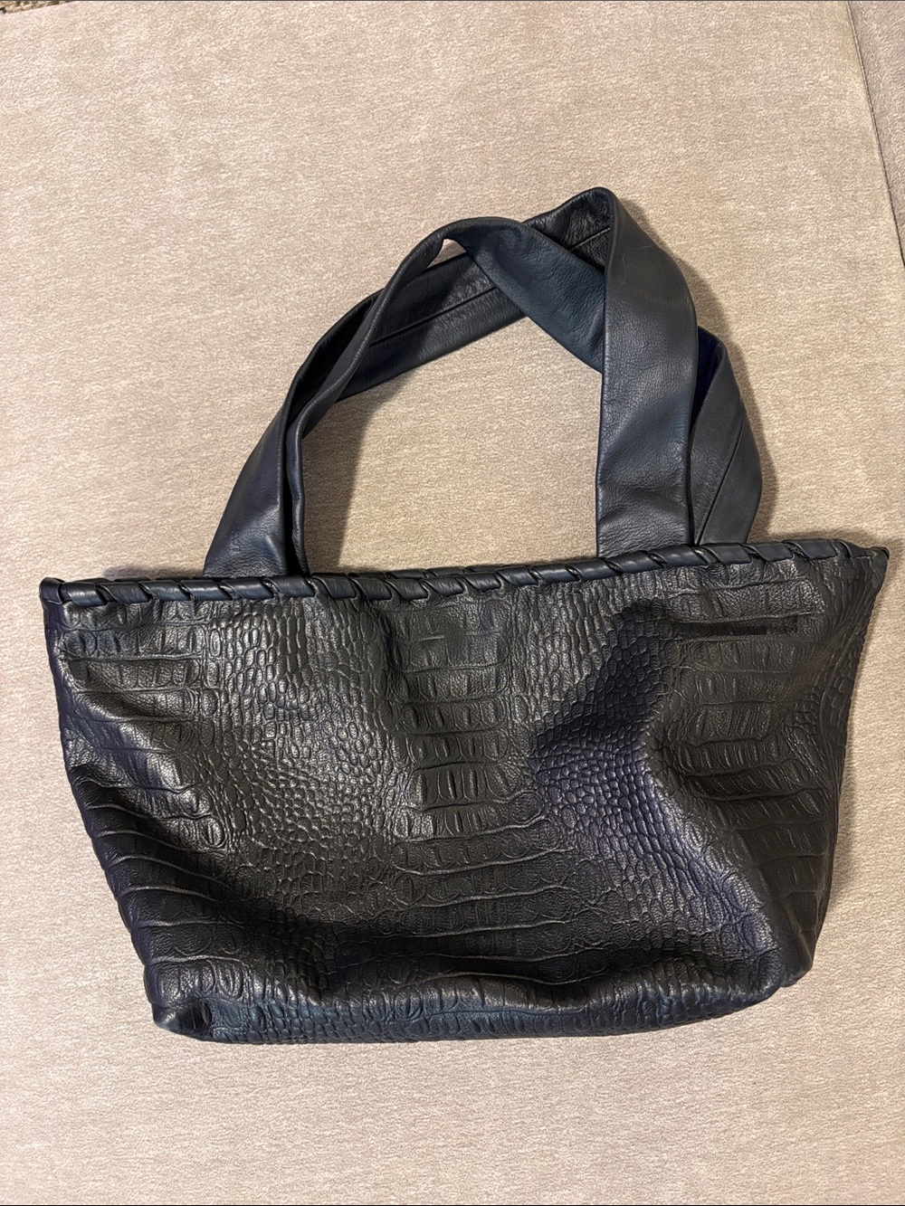 Daniella Lehavi Black Croc-Texture Tote Bag with Braided Trim